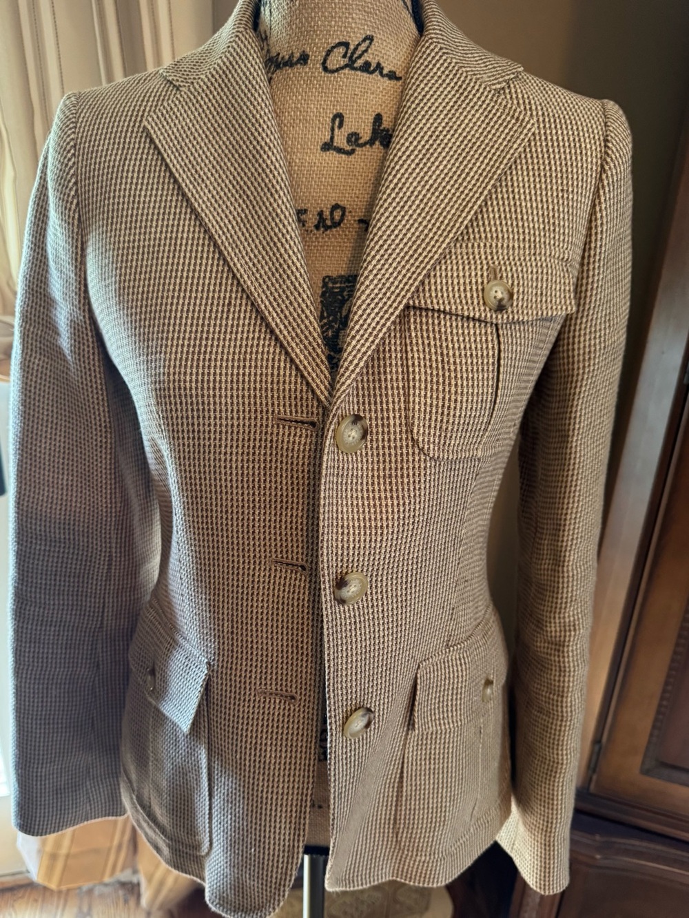 Lauren Ralph Lauren Tan and brown mini Houndstooth linen Blazer